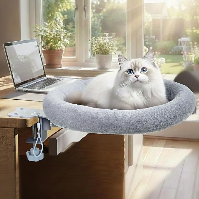 Rotating Cat Desk Bed for Remote Workers, Home Office Staff and Gamers ，Quality Soft Cat Bed, 360° Swivel, Removable Washable Cushion, Comfortable and Easy to Assemble, Supports up 40 lbs(Dark Gray