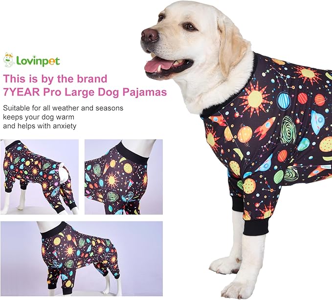 LovinPet Big Dogs Onesies: Big Dog Pajamas, Post Surgery/Wound Care, Lightweight Stretchy Fabric, Interstellar Black Print, Dog Jumpsuit, Anti Licking, Pet PJ's /3XL