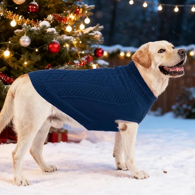 PUPTECK Dog Sweater, Turtleneck Warm Knitted Pullover Coat, Thick Cable Knitwear Clothes in Winter, Pet Apparel Outfits for Large Dogs, for Cold Weather Indoor & Outdoor, Deep Blue ML