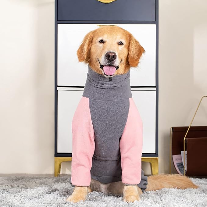Dog Winter Coat for Large Medium Small Dogs, Warm Fleece High Collar Full Body Dog Jumpsuit Comfortable Onesie Apparel (Pink, 3X-Large)
