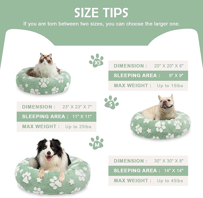 Yaning Donut Dog Beds for Small Dogs, Calming Round Cat Beds for Indoor Cats, Cute 3D Textured Paw Pet Bed with Removable Washable Cover and Anti-Slip Bottom（Green，23"）