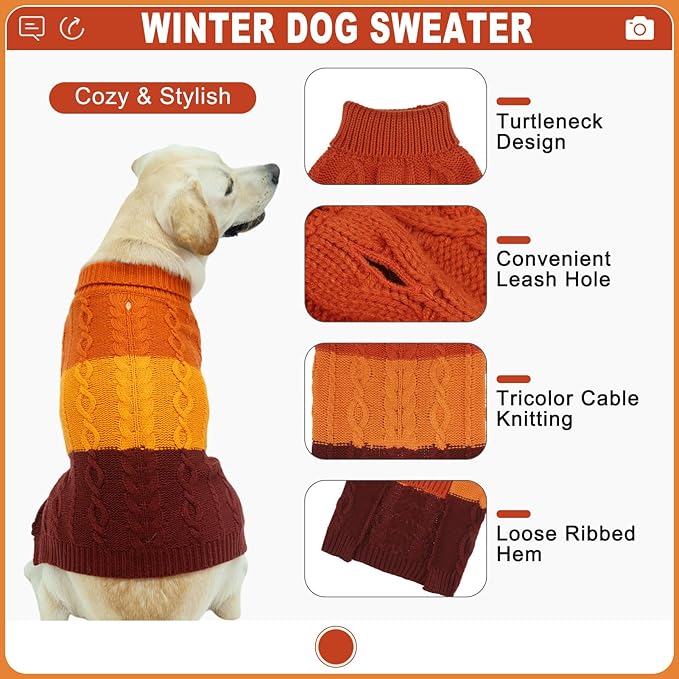 EXPAWLORER Dog Sweater - Large Dogs Fall Sweaters for Girls Boys,Classic Turtleneck Knitwear Dog Clothes for Cold Weather, Cable Knit Dogs Outfit,Coat,Pet Apparel(Orange,XL)