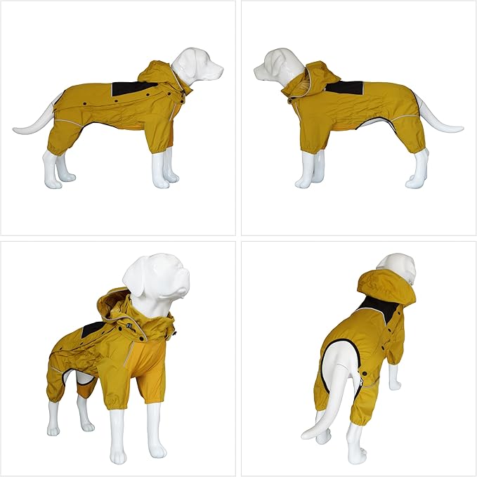 LOVELONGLONG Waterproof Dog Raincoat with Removable Hood – Outdoor Full Body Dog Jacket, Windproof Snowproof Shell Suit – All Season Pet Rain Gear Mustard Yellow XL