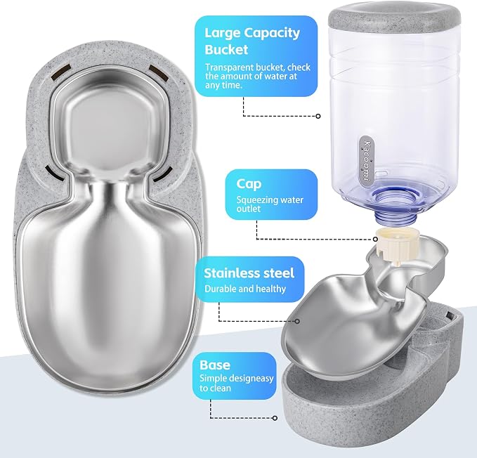 Automatic Cat Feeder and Water Dispenser with Stainless Steel Bowl Gravity Food Feeder and Waterer Set for Small Medium Dog Puppy Kitten 1 Gallon x 2(Grey)