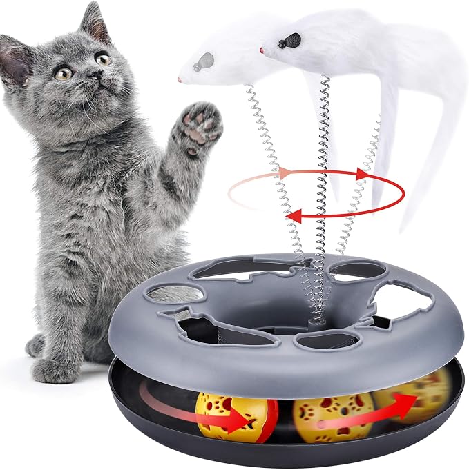 Pawzone Cat Toys, Cat Toys for Indoor Cats,Interactive Kitten Toys Roller Tracks with Catnip Spring Pet Toy with Exercise Balls Teaser Mouse (Soft Grey)