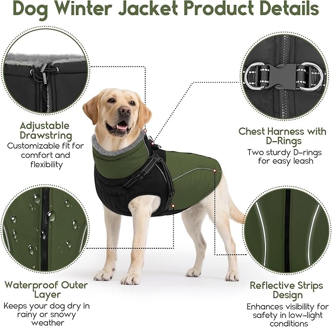 ASENKU Reflective Dog Coat with Built-in Harness, Windproof Fleece-Lined Dog Jacket for Small, Medium, Large Dogs, Warm Winter Vest with Turtleneck & Zipper (Green XS)