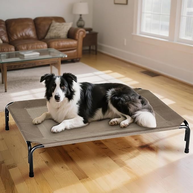 PVY Elevated Dog Bed Outdoor, Medium Raised Cooling Dogs Cot, Lifted Pet Beds with Durable Breathable Teslin Mesh, Pet's Hammock with Non-Slip Feet, 35 inch Brown