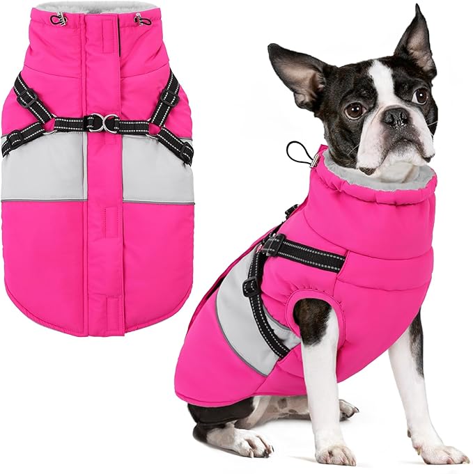 SUNFURA Small Dog Coat with Harness Built in, Warm Dog Jacket Winter with Zipper On Back, Waterproof Pet Snow Jacket Snowsuit Pet Sweater Clothes for Schnauzer, Yorkshire Terrier, Hot Pink S