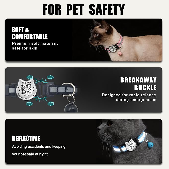 Breakaway Cat Collar with QR Code Tag and Bell(Yellow & Green) | Reflective Nylon, Quick-Release Buckle