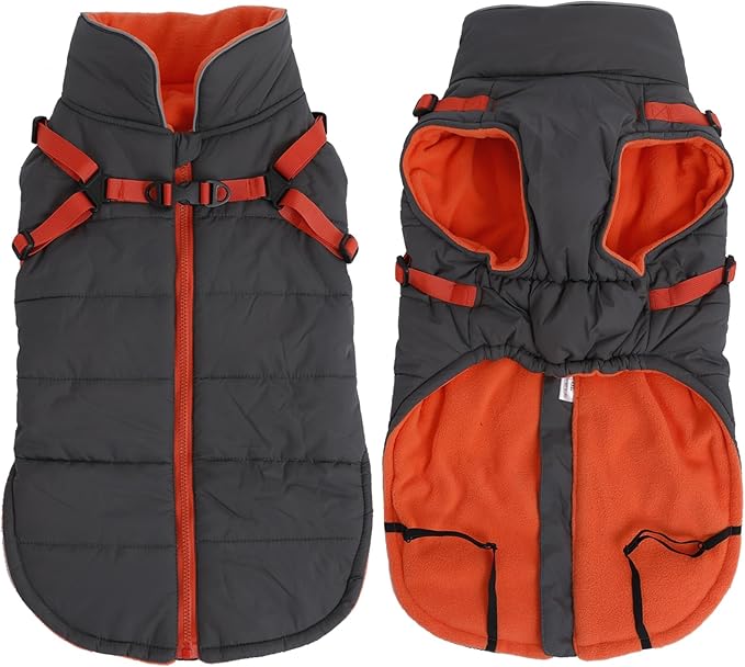 Geyecete Winter Warm Coat Waterproof Dog Winter Jacket with Harness Traction Belt,Windproof Pet Outdoor Jacket Dog Autumn-Gray-S