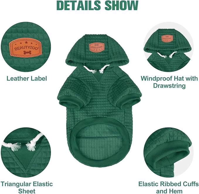 BEAUTYZOO Small Dog Hoodie Sweater with Pockets, Dog Clothes for Small Medium Dogs Boy Girl, Waffle-Like Laminated Cotton Pet Coats with Hat and Leash Hole, Green XL