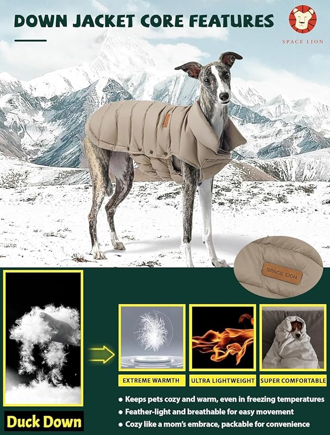 SPACE LION Dog Puffer Jacket, Down Winter Coat, Durable Outdoor Coat for Cold and Windy Conditions, Lightweight & Adjustable Fit Coats for Small & Medium Dogs, (Camel, Size 12 Gift Box)