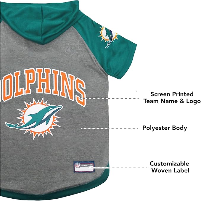 Pets First NFL Miami Dolphins Hoodie for Dogs & Cats. | NFL Football Licensed Dog Hoody Tee Shirt, Medium| Sports Hoody T-Shirt for Pets | Licensed Sporty Dog Shirt