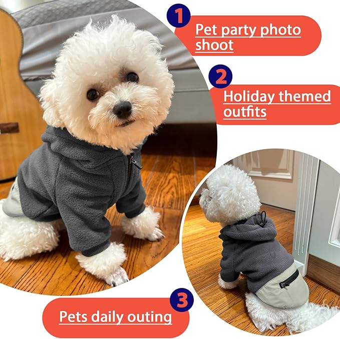 Dog Hoodie for Large Dogs, Fleece Sweatshirt with Pocket Long Sleeves Adjustable Zip, Warm Jacket Boy Girl for Bulldog Pug, Cold Weather Christmas Holiday Indoor Outdoor, Grey, XL