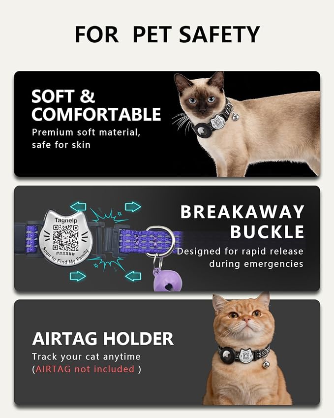 Cat Collar with AirTag Holder, QR Code Tag and Bell (Black)