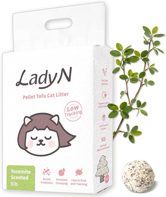 Lady N Pellet Tofu Cat Litter Yosemite Woody Scent, Strong Clumping, Ultra Absorbent, Dust-Free Low Tracking, Water-Soluble, Natural Ingredients, Enviro-Probiotic for Odor Control 9lb