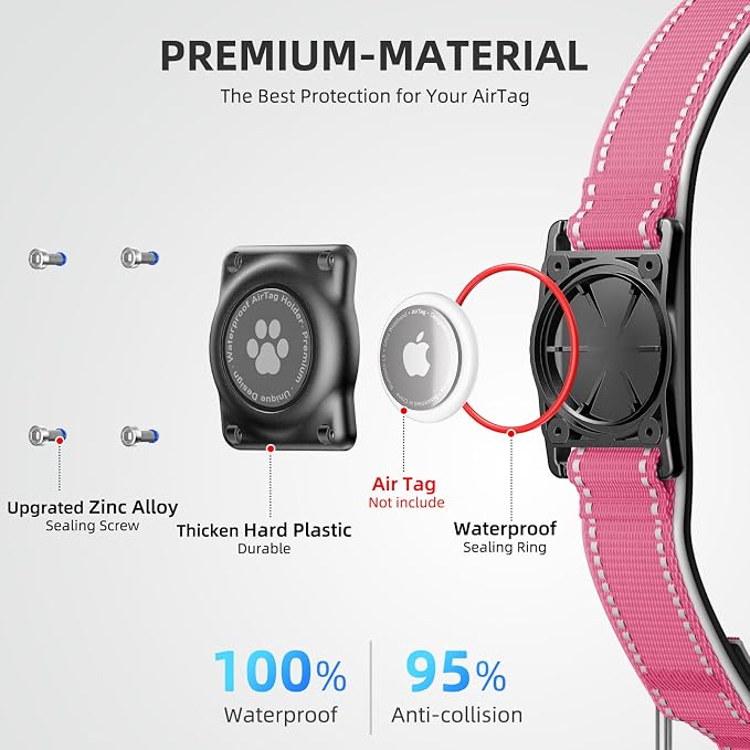 Upgrade Dog Collar with AirTag Holder, IP68 Waterproof, Watermelon red, M | Built-in Water Resistant AirTag holder, 1000D Nylon, Reflective Stitching for Night Visibility, Soft padding for Comfort