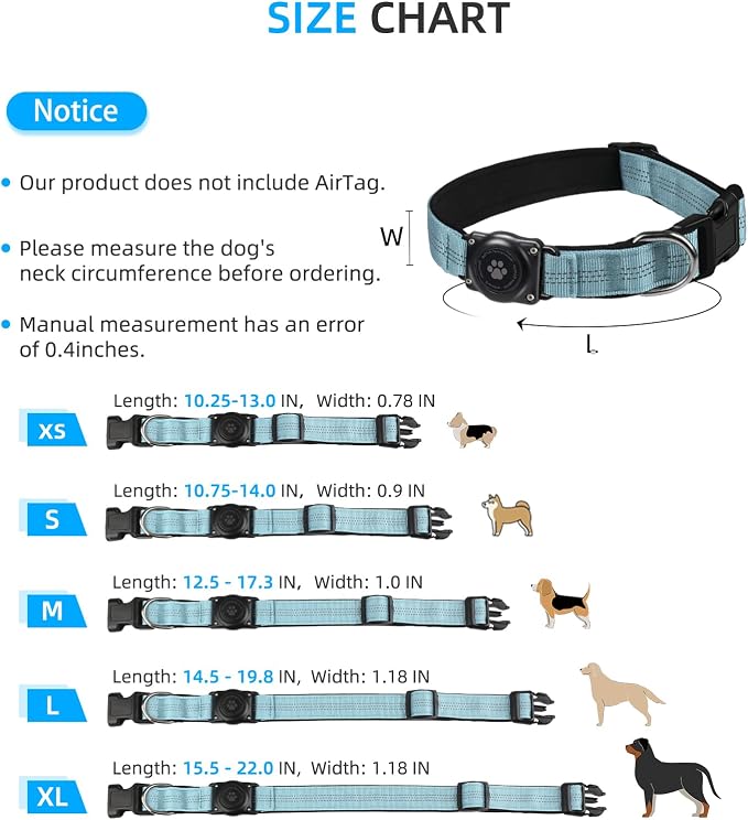 Upgrade Dog Collar with AirTag Holder, IP68 Waterproof, Light Blue, S | Built-in Water Resistant AirTag holder, 1000D Nylon, Reflective Stitching for Night Visibility, Soft padding for Comfort