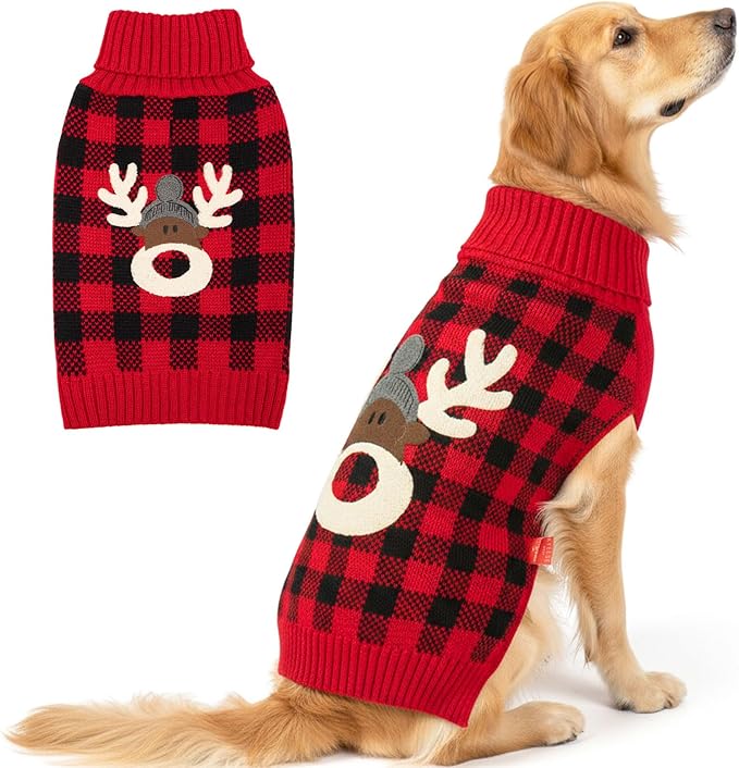 KYEESE Dog Christmas Sweater with Reindeer Pattern,Cozy Large Dogs Christmas Red Buffalo Plaid Knitwear, Turtleneck Dog Sweater for Large Dogs with Leash Hole, Soft Warm Pet Clothes, XXXX-Large