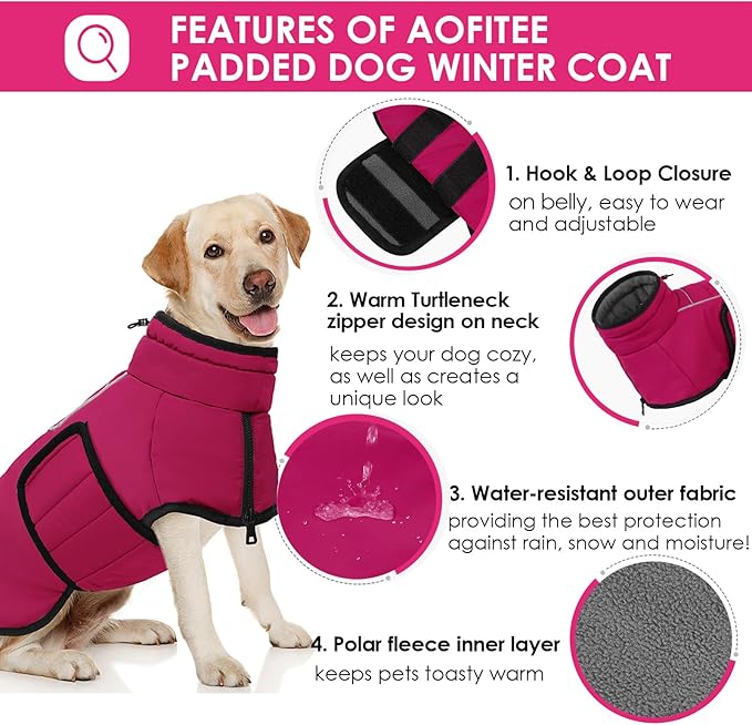 AOFITEE Large Dog Coat, Waterproof Dog Jacket, Dogs Winter Coat with Harness Hole & High Collar, Warm Fleece Pet Snow Jacket for Cold Weather, Reflective Snowsuit for Large Dogs, Great Dane, 3XL