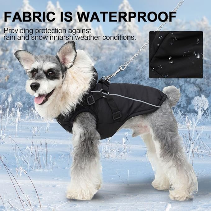 PINA Dog Coat with Built in Harness, Dog Jacket with Faux Fur Hood, Dogs Vest with Reflective Strap for Small Medium Large Dogs, Black, L