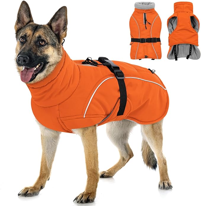 Queenmore Winter Dog Coat Warm Dog Jacket Vest Waterproof Puffer Fleece Snowsuit Adjustable Buckle Leash Hole Reflective Cold Weather Parka for Small Medium Large Dogs Girl Boy Orange L