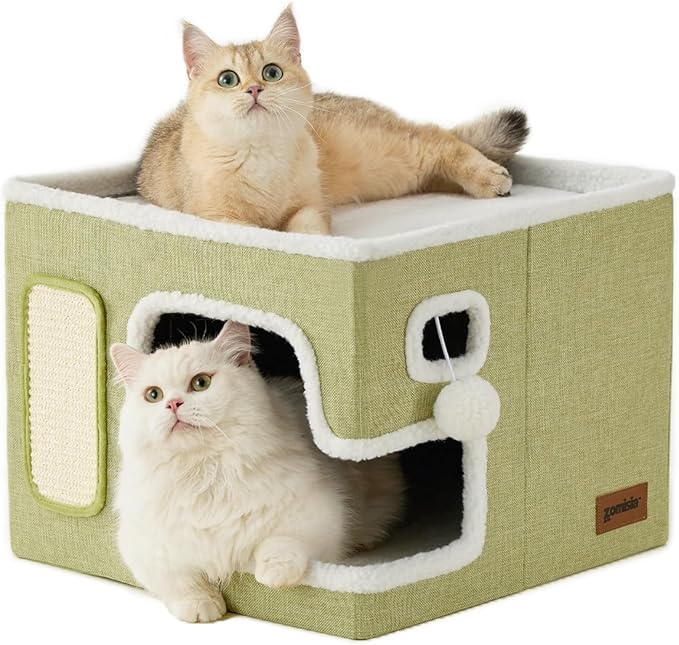 ZOMISIA Cat Beds for Indoor Cats - Large Cat House for Pet with Fluffy Ball Hanging and Scratch Pad, Foldable Cat Hideaway,16.5x16.5x13 inches, Green