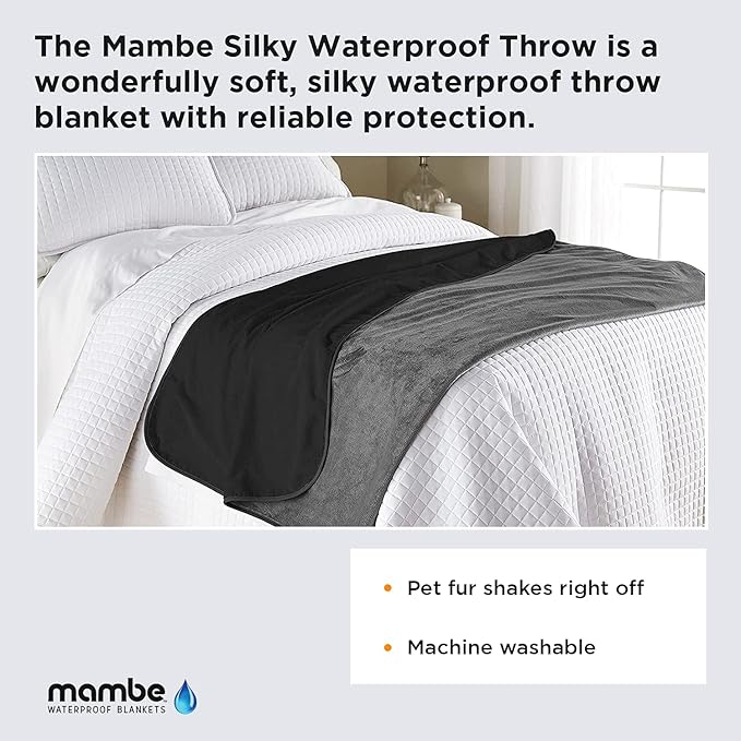Mambe Silky Waterproof Throw for Protecting Furniture Bed Couch from Stains Caused by Dogs, Cats, Incontinence. Soft, Washable, Reversible. (Size Small 2-Pack 30x35 inches, Color Black/Charcoal)