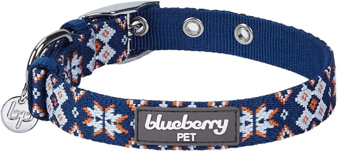 Blueberry Pet Southwestern Modern Tribal Print Navy Braided Adjustable Dog Collar with Metal Buckle, Neck 9-12.5", for Small Breed