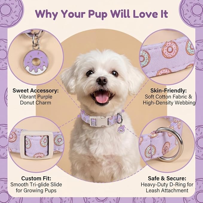 Girl Dog Collar with Unique Purple and Donut Print, Cute Dog Collar for Spring & Summer, Adjustable Pet Collar for Small Dogs
