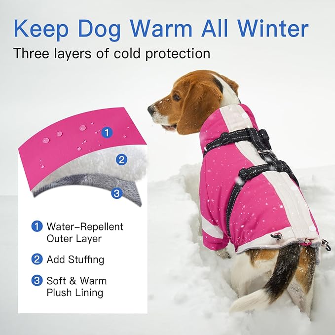 XS Dog Winter Coat with Harness Built in - Turtleneck with Sleeves| Reflective Water-Repellent Jackets for Cold Night,Warm Snow Suit for Snowy Day,Chihuahua (Rosered)