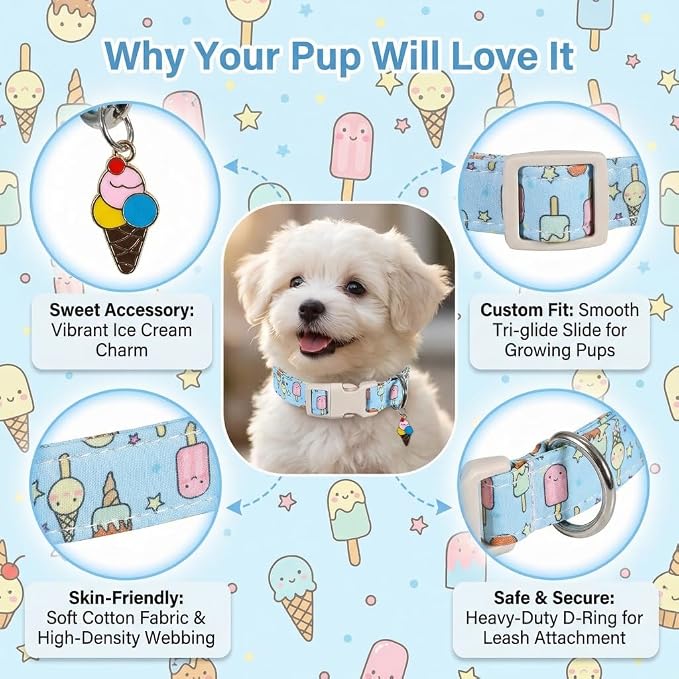 Small Dog Collar, Cute Dog Collar with Ice Cream Print and Charm for Girls Boys Dogs, Adjustable Blue Pet Collar for Small Dogs, Spring Summer Design Collar, S