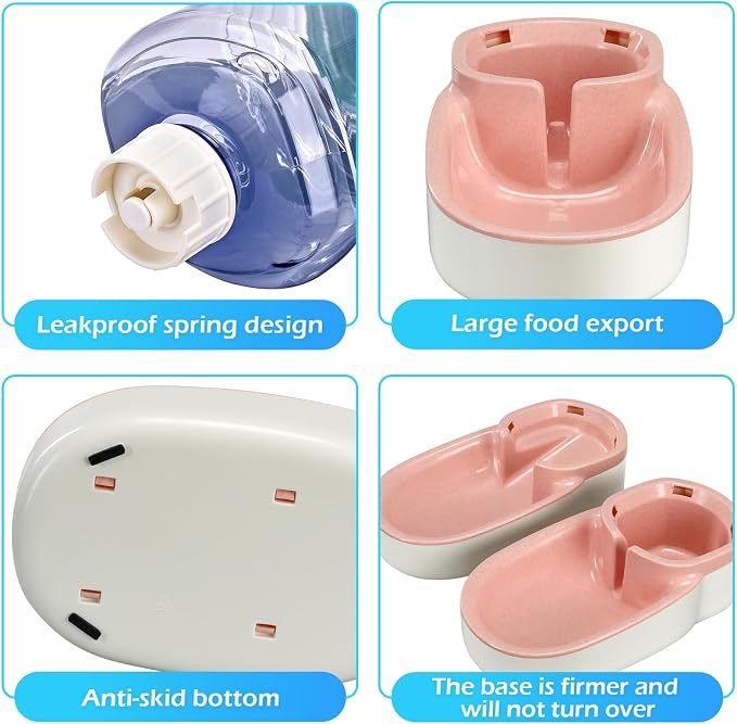Automatic Dog Cat Feeder and Water Dispenser Gravity Food Feeder and Waterer Set with Pet Food Bowl for Small Medium Dog Puppy Kitten, Large Capacity 1 Gallon x 2(Pink)