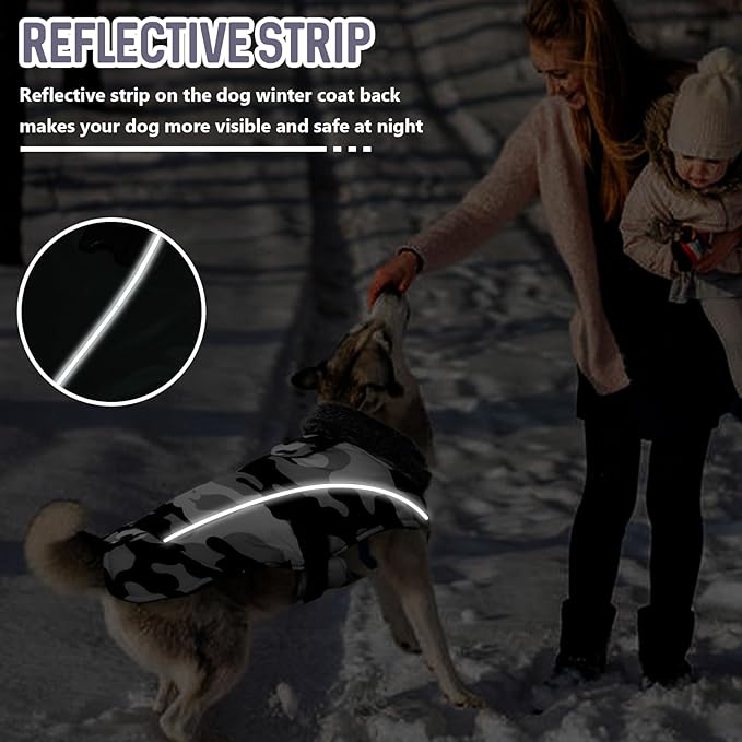 DENTRUN Small Dog Winter Warm Coat - Windproof Cozy Jacket, Thick Fleece Vest with Adjustable Belt, Water Repellent, Reflective Dog Sweater for Yorkie Dachshund Wear, White Camo, S