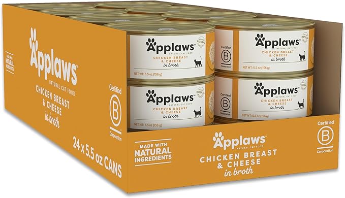 Applaws Wet Cat Food, 24 Count, Limited Ingredient Canned Wet Cat Food, Chicken Breast with Cheese in Broth, 5.5oz Cans