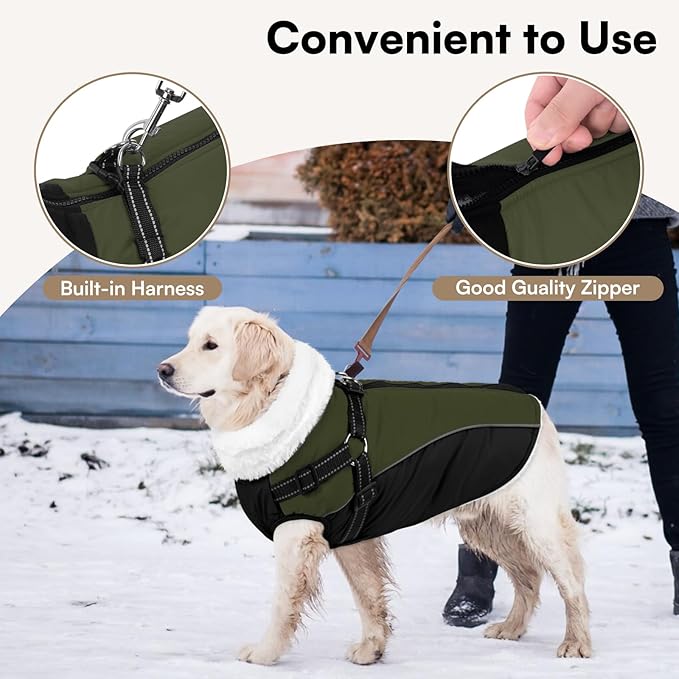 Queenmore XL Dog Jacket with Harness Built-in, Winter Coat for Extra Large Dogs, Warm Winter Jacket, Cold Weather Fleece Lined Waterproof Snow Parka Coat - Easy On Adjustable, Green/Black