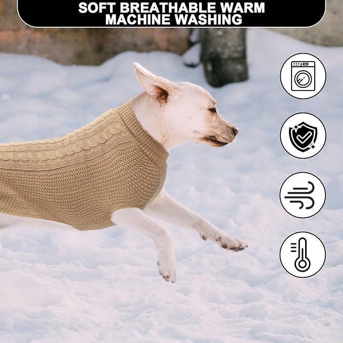 XXL Dog Sweater, Classic Cable Knit Warm Dog Sweatshirt with Reflective Yarn for Girl Boy, Halloween Fall Winter Coat Turtleneck Pullover Clothes Apparel for Small Medium Large Dogs, Khaki XXL