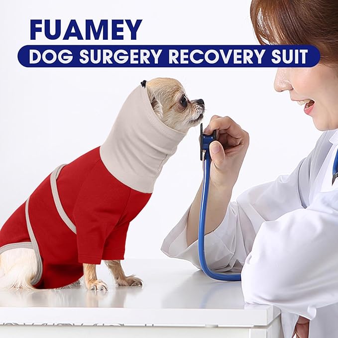 FUAMEY Dog Surgical Recovery Suit Female, Cone Alternative After Surgery Prevent Pets from Licking Wounds, Surgery Suit for Dogs Male Neuter, Post Spay Recovery Dog Onesie, Rat Terrier (Red, M)