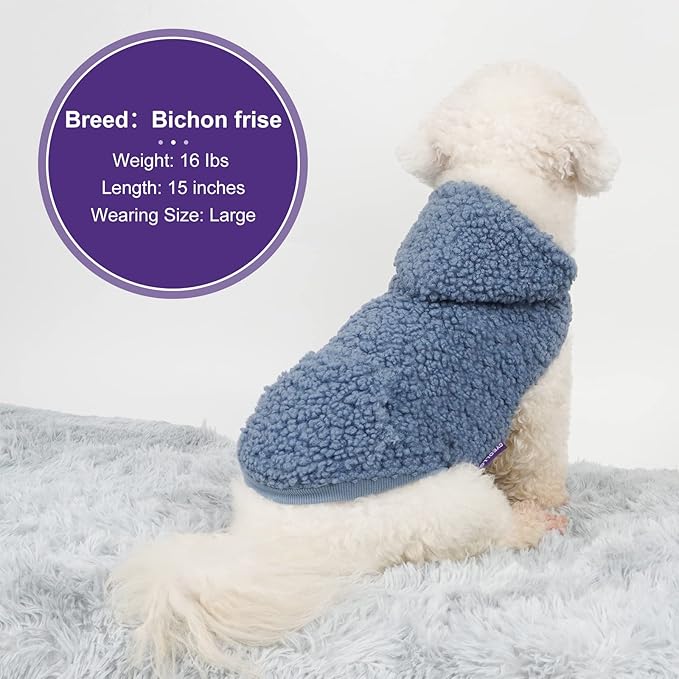 cyeollo Sherpa Dog Hoodie Reversible Vest for Dogs Waterproof Windproof Cozy Winter Clothes Thermal Fuzzy Cold Weather Coats Sweatshirt with Pocket Puppy Cat Apparel, Blue Small
