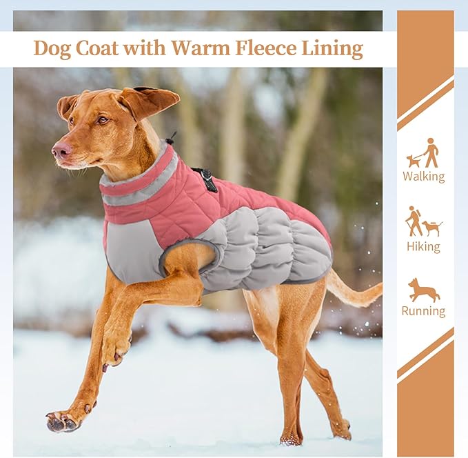 Winter Dog Coat,Large Dog Jacket,Waterproof Pet Jacket with Back Zipper,Pet Coat with Harness Built in,Warm Dogs Coat with Fleece Lined,Snow Jacket Clothes French Bulldog Shiba Inu,Pink,L