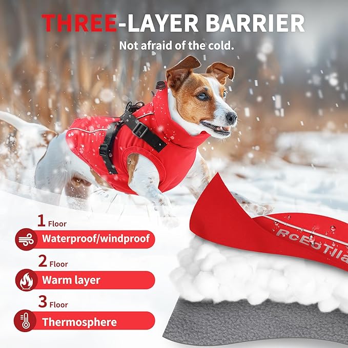 Dog Winter Coat Reflective Water-Resistant Jacket, Fleece Lined Windproof Puppy Coat with Back Zipper & D-Ring, Cold Weather Dog Coats for Small Medium Dogs (L, Red)