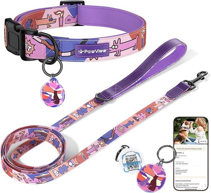 Dog Collar and Leash Set with QR ID Tag, 5 FT Leash, Purple, M