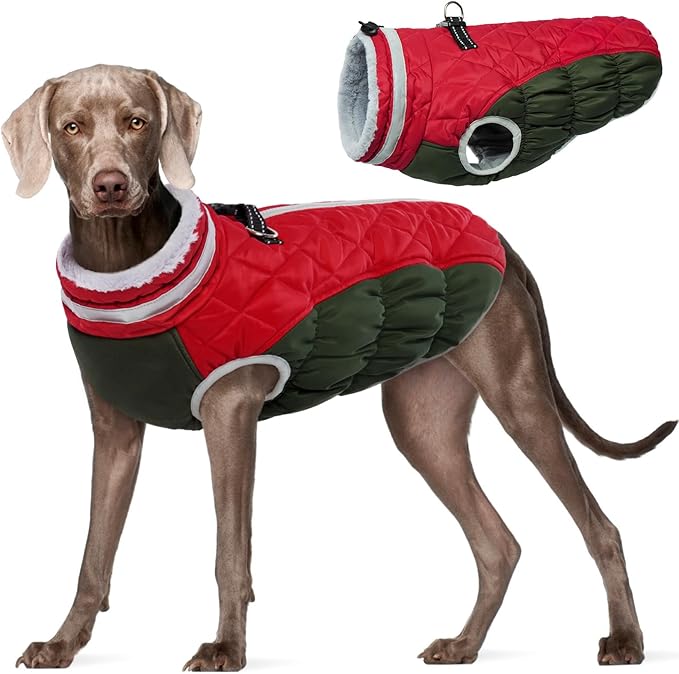 FUAMEY Dog Coat for Large Dogs,Waterproof Dog Winter Jacket with Harness Built in Puppy Cold Weather Coats Reflective Pet Vest with Zipper Warm Fleece Dogs Snowsuit Windproof Christmas XXL