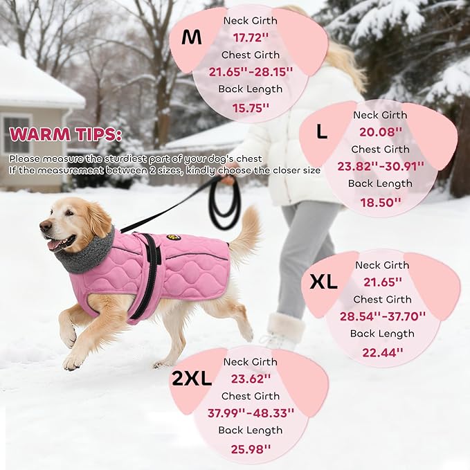 Dog Coat Winter, Waterproof Quilted Dog Jacket for Cold Weather, Reflective Adjustable Puppy Winter Coat, Warm Turtle-Neck Pet Fleece Snow Jacket for XX-Large Dogs, NewPink XXL