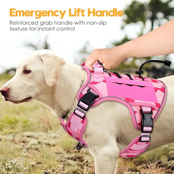 Heavy-Duty Tactical Dog Harness for Large Dogs, No Pull Adjustable Reflective Pet Vest with Molle System, K9 Military-Grade Control for Service Training, Outdoor & 10+ Breeds, Pink Camo, XX-Large