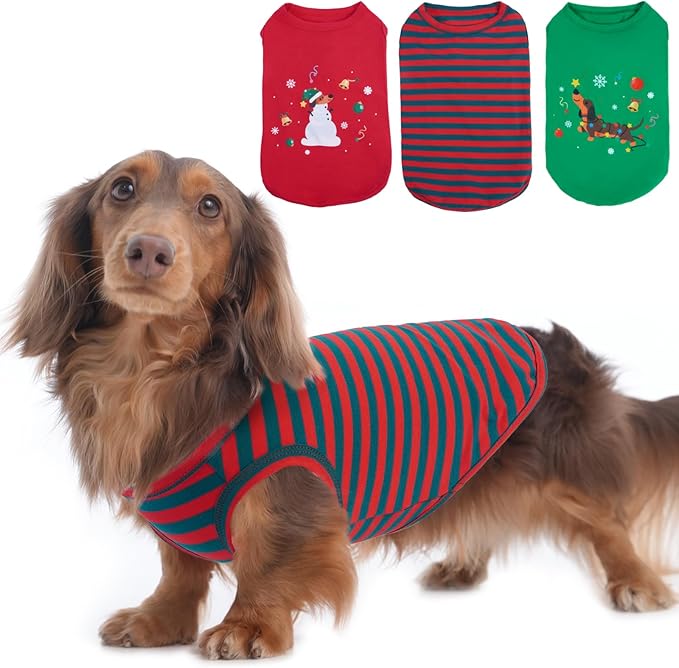 3 Pack Christmas Dog T-Shirt,Printed & Striped Set,Sleeveless Vest Autumn Winter Indoor Lounge Wear,Soft Lightweight Dachshund Clothes,Festival Party Cute Outfits(Red&Green,L)