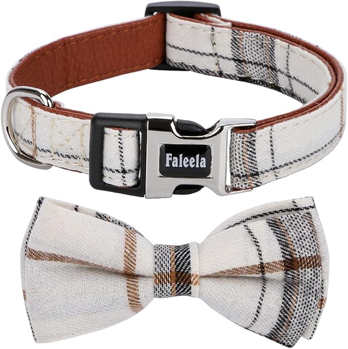 Faleela Soft &Comfy Bowtie Dog Collar,Detachable and Adjustable Bow Tie Collar,for Small Medium Large Pet (M, Beige)