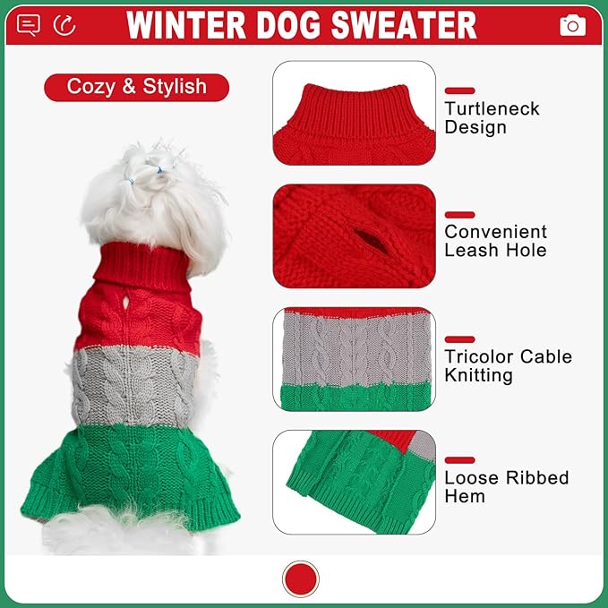 EXPAWLORER Dog Sweater - Small Dogs Fall Sweaters for Girls Boys,Classic Turtleneck Knitwear Dog Clothes for Cold Weather, Cable Knit Dogs Outfit,Coat,Pet Apparel Gift(Red&Green,M)