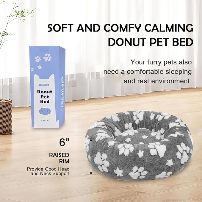 Yaning Donut Dog Beds for Small Dogs, Calming Round Cat Beds for Indoor Cats, Cute 3D Textured Paw Pet Bed with Removable Washable Cover and Anti-Slip Bottom（Grey，20"）