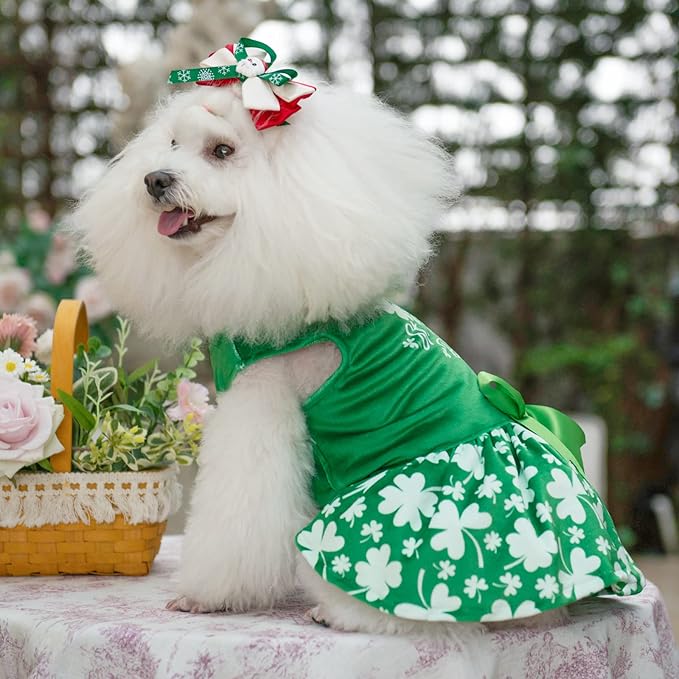 CuteBone St.Patrick's Day Dog Green Dress Velvet for Small Dogs Girl Puppy Dresses Clover Dog Clothes CVA14XXS-D